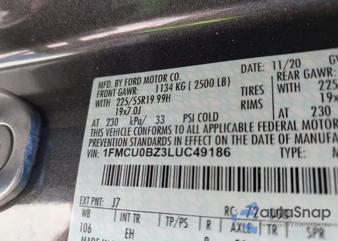 2020 Ford Escape Se Sport Hybrid z USA, uszkodzony, nr VIN 1FMCU0BZ3LUC49186